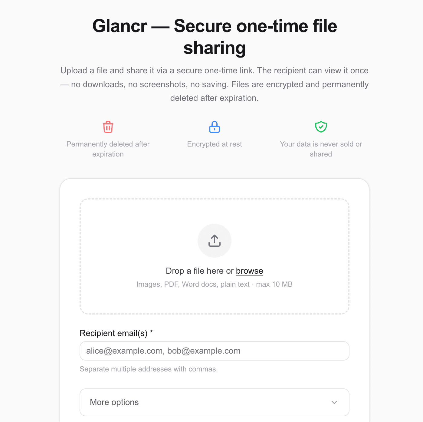 Glancr upload screen with recipient fields and secure file options